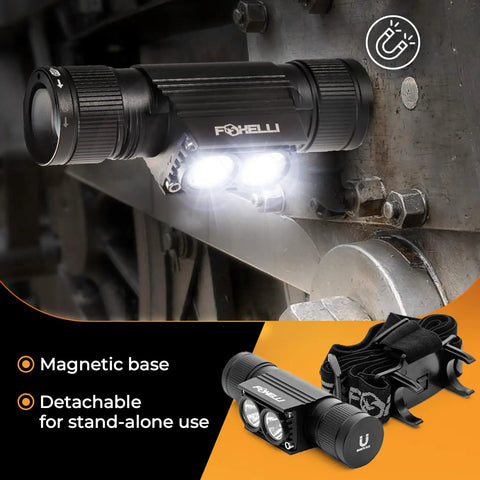 Ultra Bright Rechargeable Headlamp With 1200 Lumen LED IPX7 Waterproof 18650 Battery Included Five Light Modes And Memory Function The Go To Gear For Work And Outdoors Includes Battery And Hooks Hard Hat Or Helmet Compatible with magnetic base, attached to metal surface