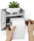 Rustic White Wood Wall Mounted Toilet Paper Holder With Storage Shelf Vintage Style Paper Roll Rack With Plant Decoration