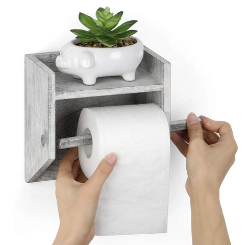 Rustic White Wood Wall Mounted Toilet Paper Holder With Storage Shelf Vintage Style Paper Roll Rack With Plant Decoration