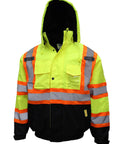 Hi Viz Workwear ANSI Class 3 Bomber Safety Jacket In Neon Lime 100 Percent Waterproof 2 Inch Reflective Taping On Front Back And Arms