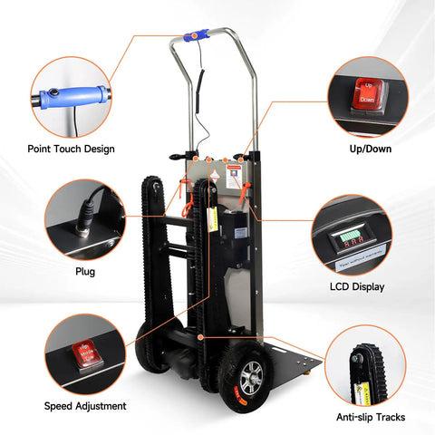 Heavy Duty Electric Stair Climbing Dolly 661Lb Capacity 600W Motor powered hand truck cart features point touch design, speed adjustments, LCD display.