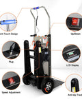 Heavy Duty Electric Stair Climbing Dolly Cart With 661 Pound Capacity And 600w Motor showing ergonomic handle, LCD display, and anti-slip tracks.