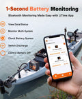 Ultra Compact 12V 100Ah LiFePO4 Battery With Bluetooth, 100A BMS And Low Temp Protection shown with smartphone app for monitoring.