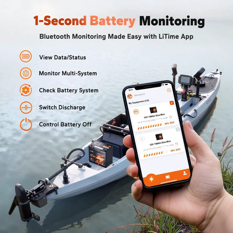 Ultra Compact 12V 100Ah LiFePO4 Battery With Bluetooth, 100A BMS And Low Temp Protection shown with smartphone app for monitoring.