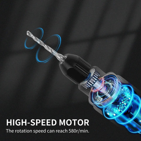 Interior view of mini cordless drill with rechargeable battery, highlighting high-speed motor at 580 r/min for DIY jewelry making.