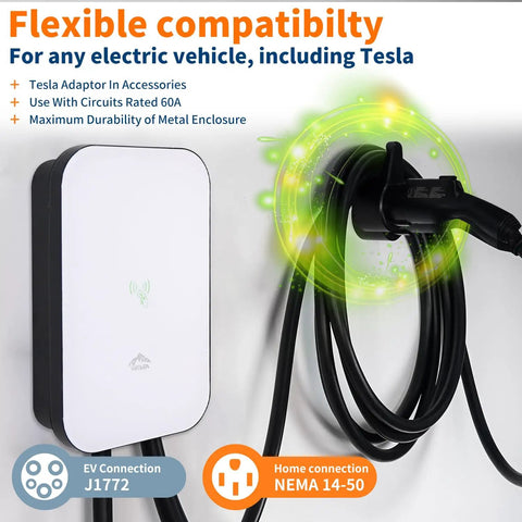 Beefy Level 2 EV Charger 48 Amp 240V with NEMA 14-50 plug, rugged metal enclosure, Tesla adapter shown with cord coiled
