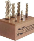 USA Made Aluminum End Mill Set For Fast Milling With ZrN Coated Micrograin Carbide displayed on wood block stand