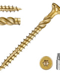 Close-up of Bulk 95 Pack 9 X 2 Inch Deck Screws With Golden Coating T25 Star Drive Bugle Head for Wood Projects
