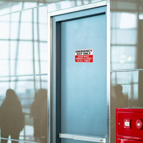 Emergency Exit Sticker Self Adhesive Red Sign That Grabs Attention, UV Weather Scratch Water Fade Resistant, Door Must Remain Closed