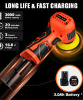 Cordless 3 Inch Palm Sander Kit with 16.8V 3.0Ah Liion Battery, 3500 RPM Mini Polisher, image showing features and battery details