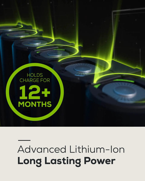 Advanced lithium-ion battery diagram with text 'Holds charge for 12+ months.'