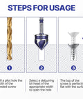 Usage steps for Pro Grade Countersink Drill Bit Set 1/4 To 3/4 Inch with 5-flute chamfer bits, showing pilot hole, deburring, and screw finish.