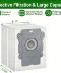 Eight Pack Roomba Vacuum Bags Compatible With I3 I4 I5 I6 I7 I8 J5 J6 J7 J8 J9 S9 Plus Models Leak Proof Replacement Dirt Disposal Bags For Clean Base Robotic Vacuum showcasing premium filtration capabilities and measurements.