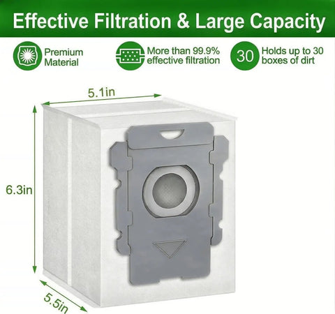 Eight Pack Roomba Vacuum Bags Compatible With I3 I4 I5 I6 I7 I8 J5 J6 J7 J8 J9 S9 Plus Models Leak Proof Replacement Dirt Disposal Bags For Clean Base Robotic Vacuum showcasing premium filtration capabilities and measurements.