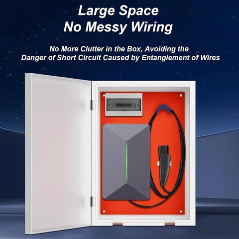 Heavy Duty Wall Mount EV Charger Protective Cover Box For Outdoor Spaces with spacious interior and organized wiring.