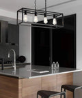 Modern Rectangle Black 4 Light Pendant For Dining Room And Kitchen Island Lighting Fixture With Adjustable Height Chains