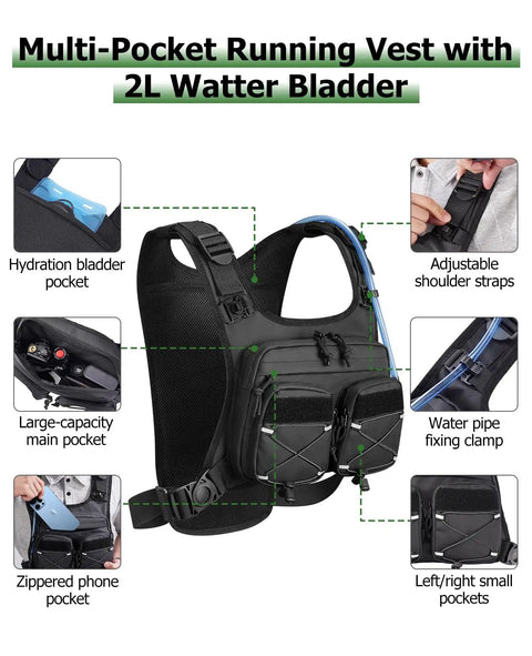 Lightweight Running Vest With 2L Water Bladder Hydration Backpack For Men And Women showing pockets and straps