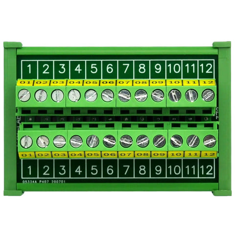 Heavy Duty Rail Mount 12 Position Screw Terminal Block Distribution Module Built For Industrial Control, 24A Per Position At 400V, 5.0 mm Pitch, Handles 26 AWG To 12 AWG Wiring, M3 Steel Screws With Cr3 Zinc Plating, Brass Pin Header And Cage