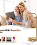 Gold Industrial Stepless Dimmable Table Lamps Set Of 2 With Knob Control And USB A C Ports Brass Desk Lamps for charging devices