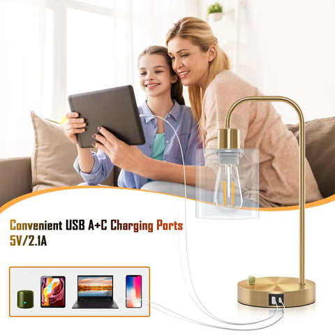 Gold Industrial Stepless Dimmable Table Lamps Set Of 2 With Knob Control And USB A C Ports Brass Desk Lamps for charging devices