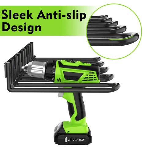 Power Tool Organizer Wall Mount With Adjustable Design For Garage Storage displayed with drill on heavy-duty rack.
