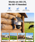 4G LTE Cellular Security Camera Outdoor Solar Powered With 360 Pan Tilt And Auto Tracking No WiFi Needed Color Night Vision AI Detection Built In SIM Card PTZ Lite Plus Solar Panel mounted on a wooden wall in a rural setting