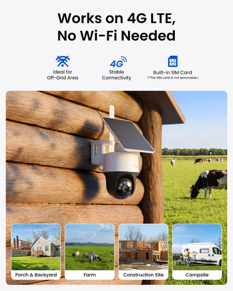 4G LTE Cellular Security Camera Outdoor Solar Powered With 360 Pan Tilt And Auto Tracking No WiFi Needed Color Night Vision AI Detection Built In SIM Card PTZ Lite Plus Solar Panel mounted on a wooden wall in a rural setting