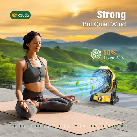 Woman meditating outdoors next to Solar Powered Camping Fan With Led Lantern 7W Panel 10400mAh Rechargeable Battery Quiet Outdoor Tent Fan For Picnic Barbecue Fishing And Travel Works While Charging