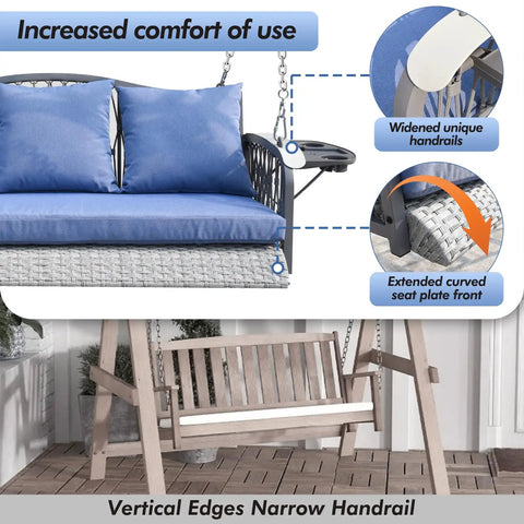 Wicker Porch Swing Three Seat Heavy Duty Outdoor Patio Chair With Cushions And 8.9 Ft Chains Upgraded Cup Holders Weatherproof