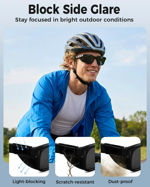 Man cycling outdoors wearing Ultra Light Silicone Side Shields For Ray Ban And Oakley Meta Wayfarer Glasses Anti Slip Light Blockers