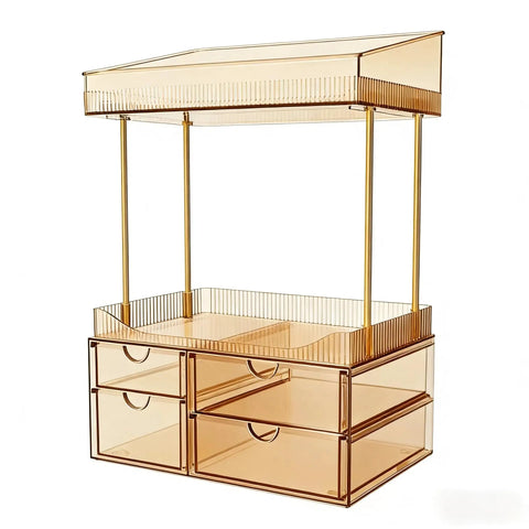 Four Tier Makeup Organizer with Four Drawers and Top Storage for Perfumes and Skincare Clear Tawny Cosmetic Organizer