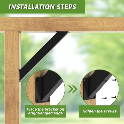 Installation steps for Heavy Duty 45 Degree Angle Corner Braces Black Powder Coated Steel Joint Bracket on wood frame.