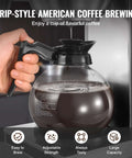 Commercial Drip Coffee Maker Built For Busy Kitchens With 12 Cup Capacity shown brewing coffee into a glass carafe