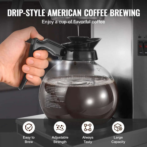 Commercial Drip Coffee Maker Built For Busy Kitchens With 12 Cup Capacity shown brewing coffee into a glass carafe