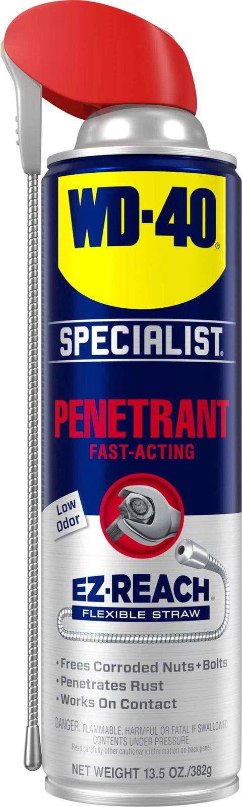 WD-40 Specialist Penetrant Spray with Flexible Straw, 13.5 Oz for loosening stuck and corroded parts, shown upright.