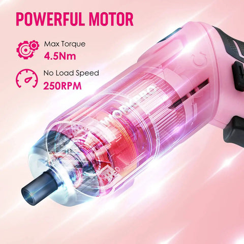 Close-up of pink cordless screwdriver from the Pink 75-Piece Tool Set With Rotatable Cordless Screwdriver 3.7V