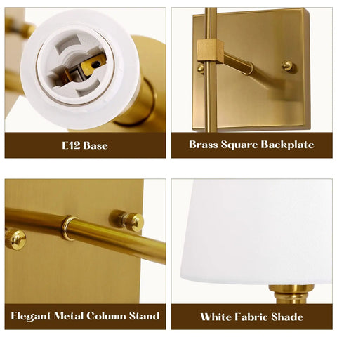 Gold Wall Sconces Set Of 2 Hardwired Dimmable Slick Slim Metal Wall Lighting With Fabric Shades E12 bulb base details