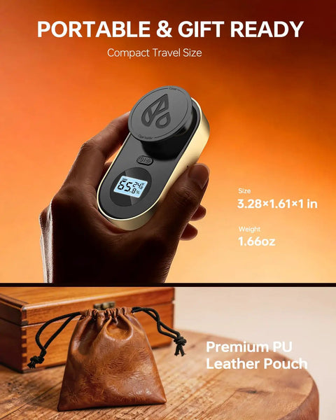 Pro-Grade Digital Cigar Hygrometer With 3-Probe Core Moisture Meter For Humidor Humidity And Ambient Sensing, Real-Time Cigar Moisture Readout, Ultra Precise, Easy To Read Display, Gold Finish in hand, 3.28×1.61×1 in