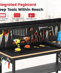 Flat Out Heavy Duty 60 Inch Workbench And Adjustable Height Stand 3000 Lbs Capacity Steel Frame Rubberwood Top Pegboard with tools.