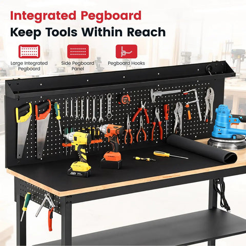 Flat Out Heavy Duty 60 Inch Workbench And Adjustable Height Stand 3000 Lbs Capacity Steel Frame Rubberwood Top Pegboard with tools.