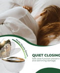 Elongated Toilet Seat Quiet Close Hinges Bathroom with soft close feature, placed above a toilet next to a sleeping person.