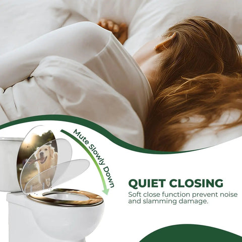 Elongated Toilet Seat Quiet Close Hinges Bathroom with soft close feature, placed above a toilet next to a sleeping person.