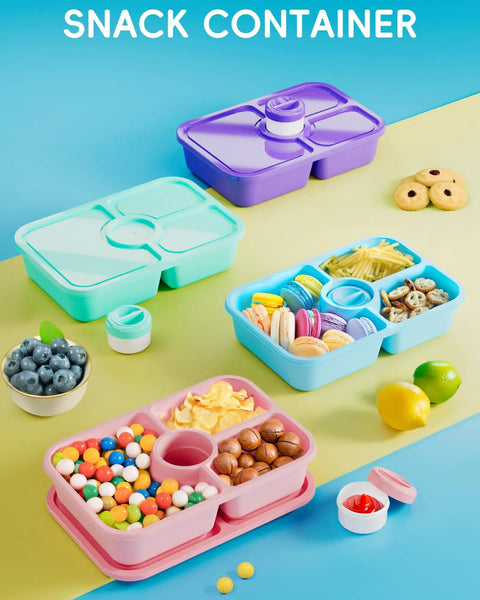 4 Compartment Bento Snack Box With Lids 1100ml Capacity Stackable Lunch Containers with colorful snacks, sauce cups visible