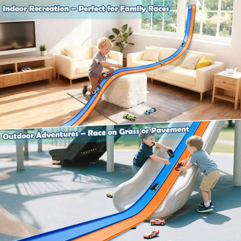 Children playing on 15 Ft Flexible Race Track For Kids 3 Plus Roll Up Portable Starter Set With Strong Suction Cups indoors and outdoors.