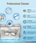 Ultrasonic Cleaner 45kHz 35W 20oz Digital Timer Pro Grade Jewelry Cleaner with eyeglasses and timer settings illustration