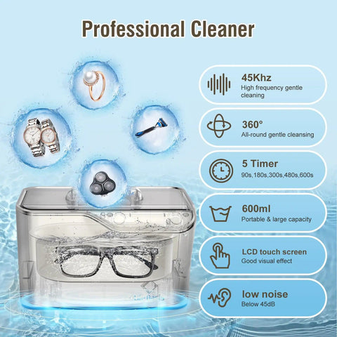 Ultrasonic Cleaner 45kHz 35W 20oz Digital Timer Pro Grade Jewelry Cleaner with eyeglasses and timer settings illustration