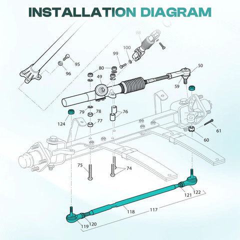 Installation diagram for Beefed Up Heavy Duty Golf Cart Tie Rod Assembly For TXT 2001 And Up Gas And Electric, Aluminum Alloy Tie Rod Ends, Replacement Steering Linkage For EZGO TXT Carts, OEM Style 70876-G02 70902-G01 70902-G02