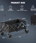 Heavy Duty 48 Inch XL Collapsible Wagon Cart With All Terrain Wheels And 560 Lb Capacity For Camping, Beach, Garden, Sports, Shopping And More Built To Haul Heavy Gear Everywhere, showing dimensions and design features.