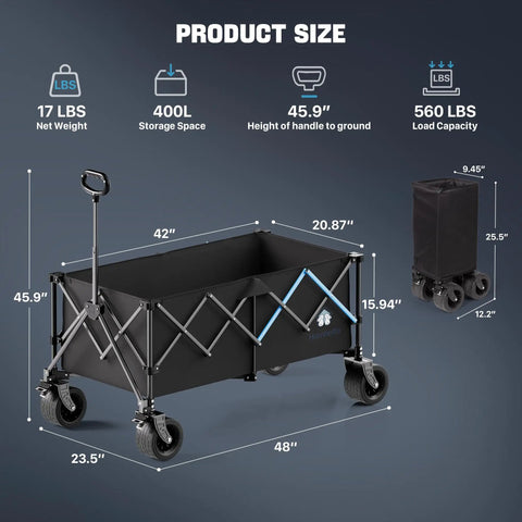 Heavy Duty 48 Inch XL Collapsible Wagon Cart With All Terrain Wheels And 560 Lb Capacity For Camping, Beach, Garden, Sports, Shopping And More Built To Haul Heavy Gear Everywhere, showing dimensions and design features.