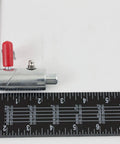 Heavy Duty Rock Solid 1/2 Inch Spring Loaded Cam Lock With Twist Lock Plunger Pin Grip Tight For Wrecker Tow Trucks And Heavy Farm Implements Zinc Plated Steel 2 Pack with red handle on a ruler.